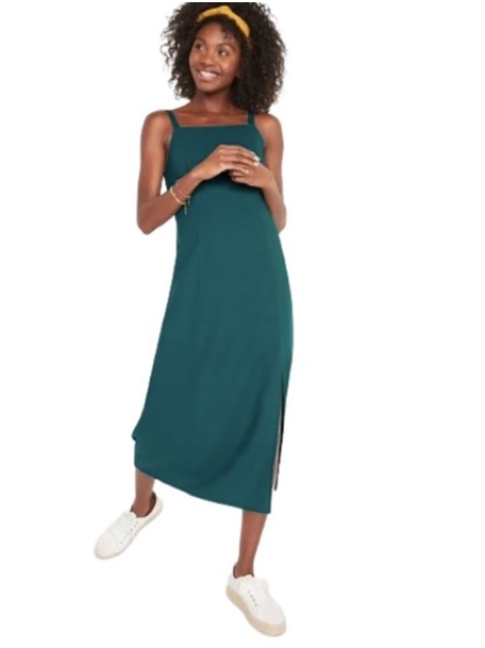 Old Navy Linen Blend Teal Green Midi Dress Sleeveless Slit Smocked Stretch Small